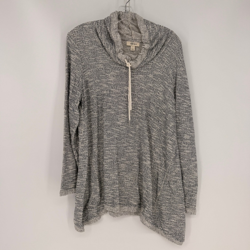 Style Co Sweater Women Large Blue Marled Cowl Neck Tunic Sharkbite Hem Oversized